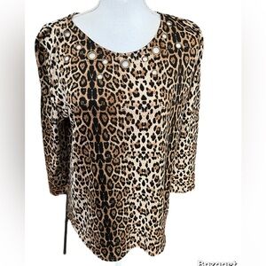 Ana & Kate Women’s Leopard Print Top Size Large3/4 Sleeve Circle Neck Cutouts